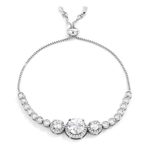 Adjustable Rhodium Plated Graduated Clear CZ Bolo Style Tennis Bracelet