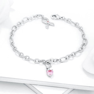 Breast Cancer Awareness Ribbon and Heart Charm Bracelet