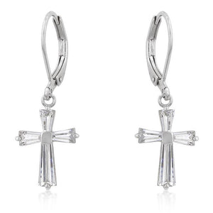 Cubic Zirconia Rhodium Plated Finish Cross Earrings