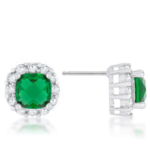 Liz 2ct Emerald CZ Rhodium Classic Cushion Stud Earrings