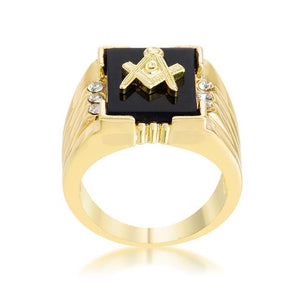 Goldtone Onyx Masonic Ring with CZ Accents