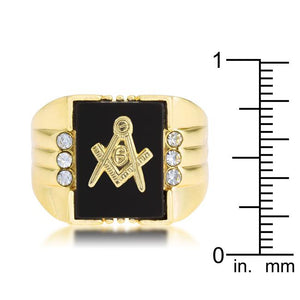 Goldtone Onyx Masonic Ring with CZ Accents