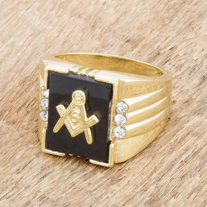 Goldtone Onyx Masonic Ring with CZ Accents