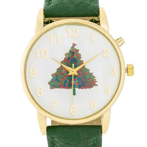 Gold Holiday Tune Watch With Green Leather Strap