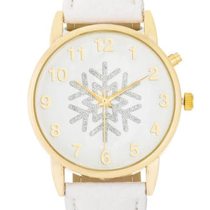 Gold Holiday Tune Watch With White Leather Strap